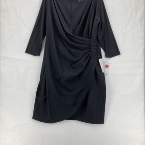 Alex‎ Evenings Dress Womens 22W Black 3/4 Sleeve Embellished Ruched Cocktail NWT